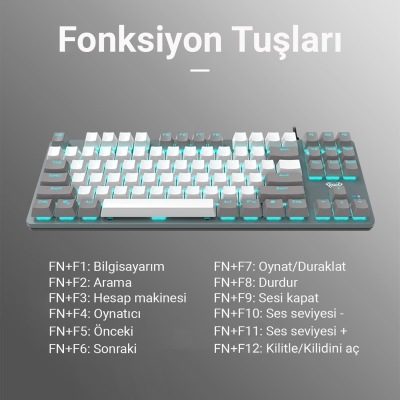 Aula F3287 Mavi Işıklı Kablolu Mekanik İngilizce Q TKL Gaming Oyuncu Klavyesi Beyaz - 4