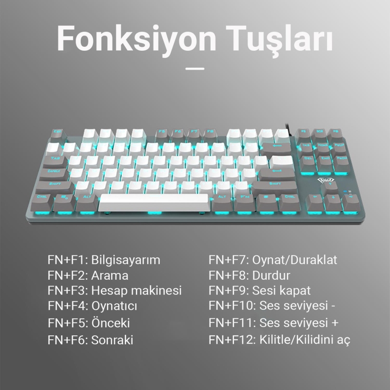 Aula F3287 Mavi Işıklı Kablolu Mekanik İngilizce Q TKL Gaming Oyuncu Klavyesi Beyaz - 4