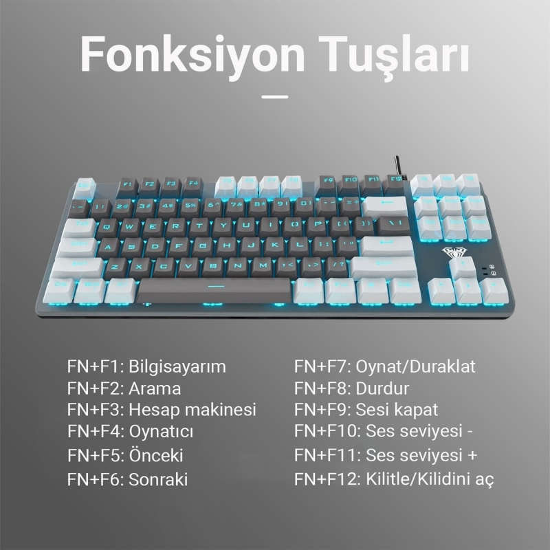Aula F3287 Mavi Işıklı Kablolu Mekanik İngilizce Q TKL Gaming Oyuncu Klavyesi Gri - 6