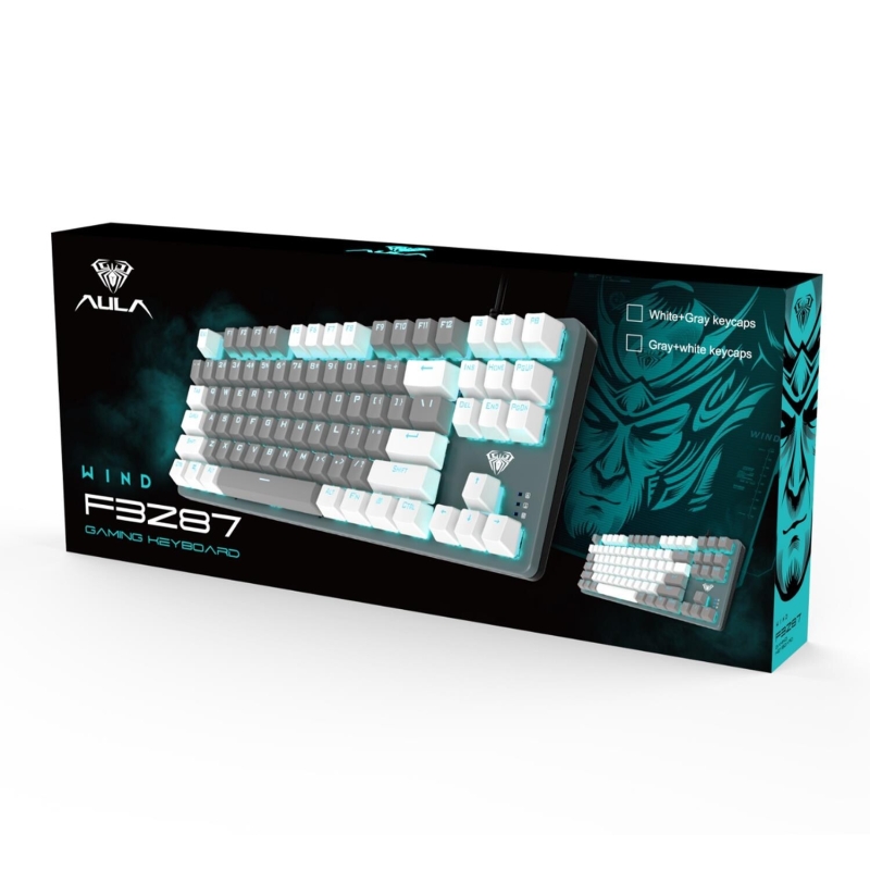 Aula F3287 Mavi Işıklı Kablolu Mekanik İngilizce Q TKL Gaming Oyuncu Klavyesi Gri - 7