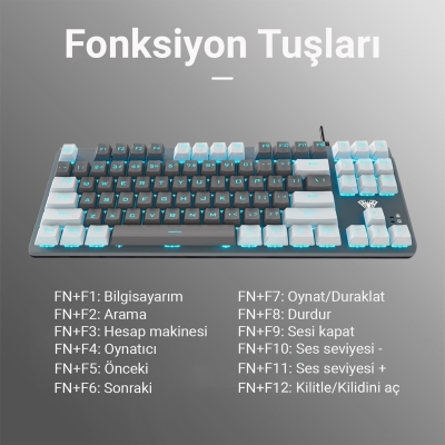 Aula F3287 Mavi Işıklı Kablolu Mekanik İngilizce Q TKL Gaming Oyuncu Klavyesi Gri - 4