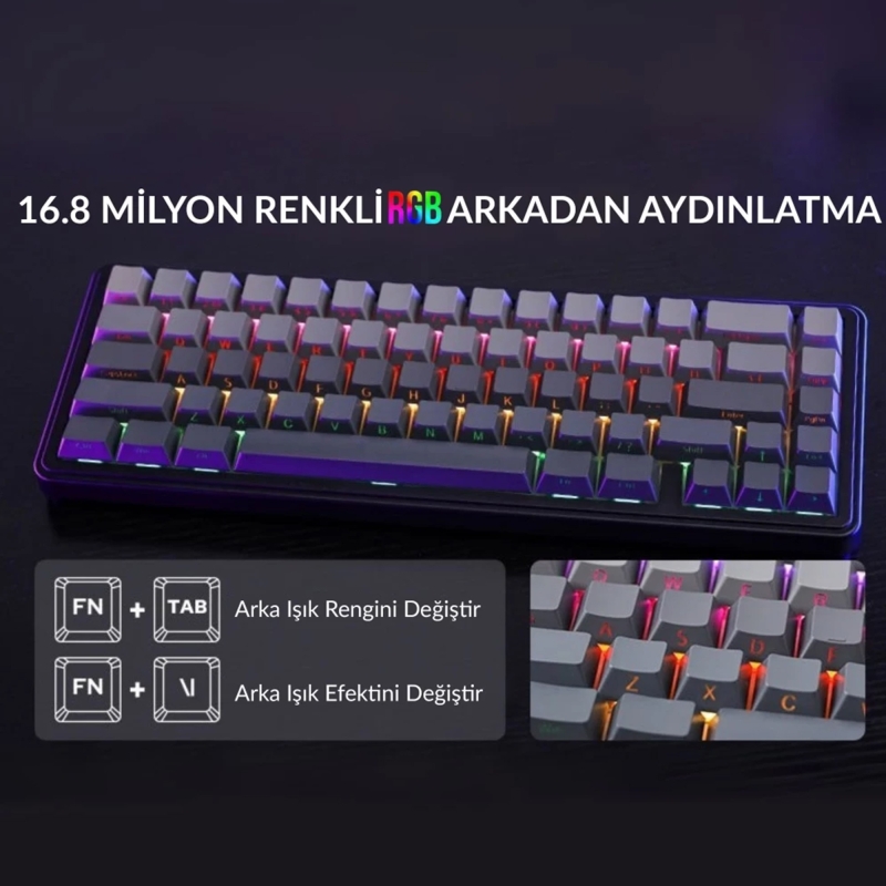 Aula F65 GrayWood V3 Switch Mekanik RGB TKL Makrolu Hot Swap Kablosuz Klavye Gri - 5