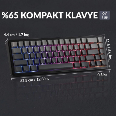 Aula F65 GrayWood V3 Switch Mekanik RGB TKL Makrolu Hot Swap Kablosuz Klavye Gri - 7