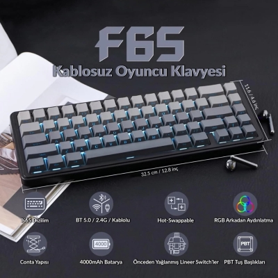 Aula F65 GrayWood V3 Switch Mekanik RGB TKL Makrolu Hot Swap Kablosuz Klavye Gri - 2