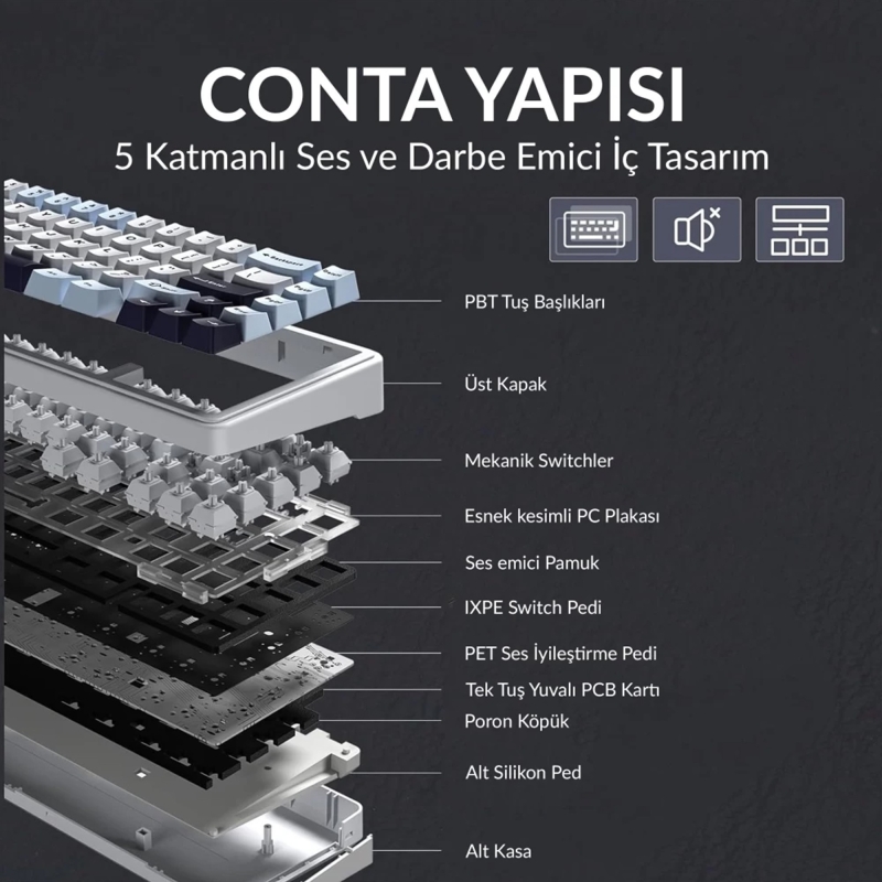 Aula F65 GrayWood V3 Switch Mekanik RGB TKL Makrolu Hot Swap Kablosuz Klavye Gri - 6