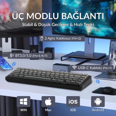 Aula F65 GrayWood V3 Switch Mekanik RGB TKL Makrolu Hot Swap Kablosuz Klavye Gri - 3