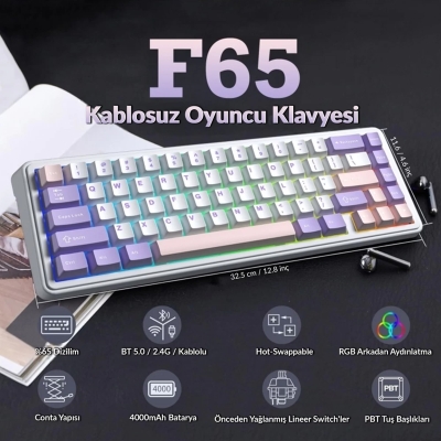 Aula F65 Nimbus V3 Switch Mekanik RGB TKL Makrolu Hot Swap Kablosuz Klavye Pastel - 2