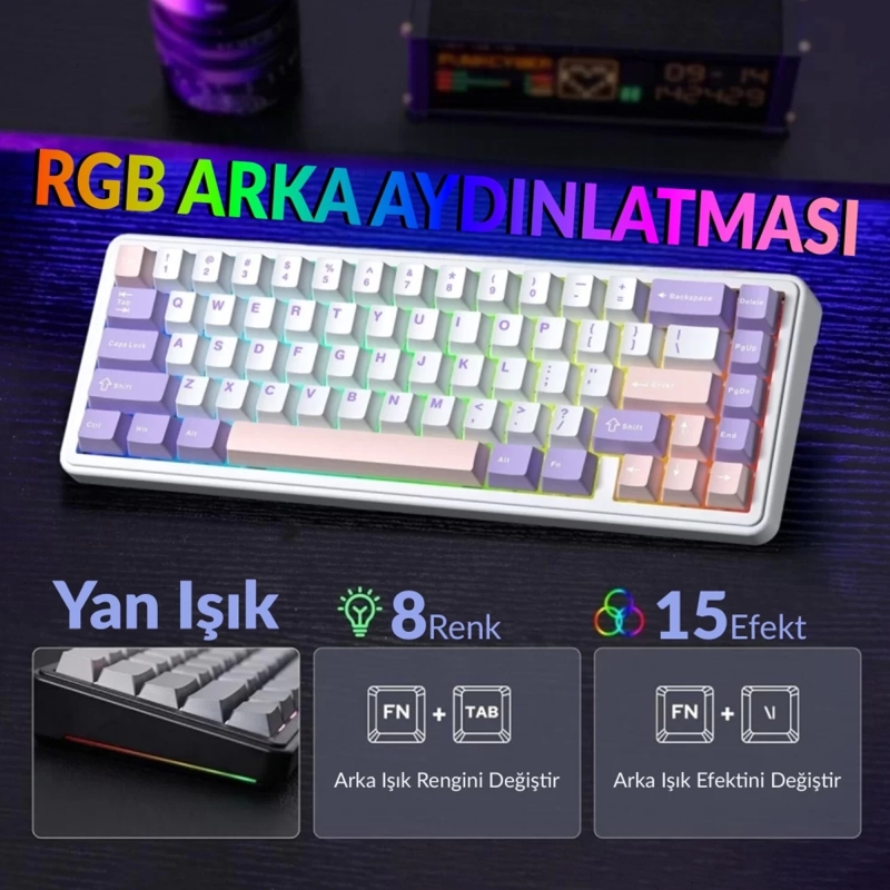 Aula F65 Nimbus V3 Switch Mekanik RGB TKL Makrolu Hot Swap Kablosuz Klavye Pastel - 4