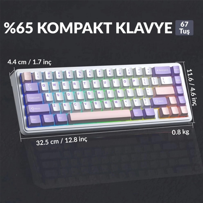 Aula F65 Nimbus V3 Switch Mekanik RGB TKL Makrolu Hot Swap Kablosuz Klavye Pastel - 5