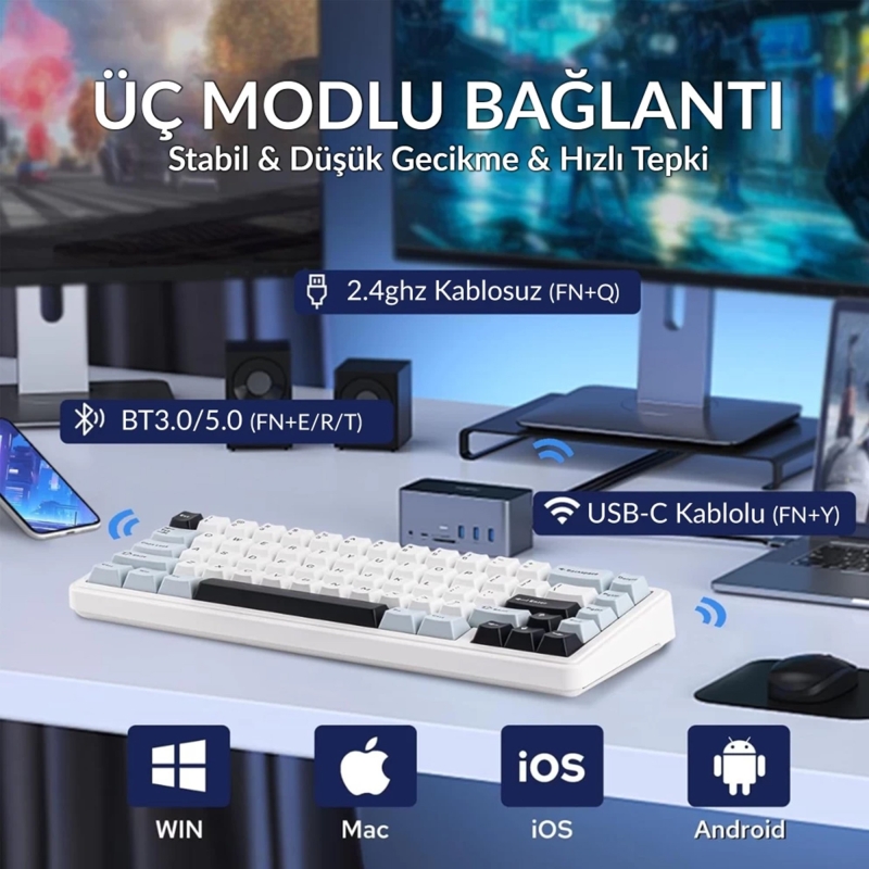 Aula F65 Reaper Switch Mekanik RGB TKL Makrolu Hot Swap Kablosuz Klavye Buz Mavisi - 3