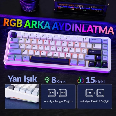 Aula F65 Reaper Switch Mekanik RGB TKL Makrolu Hot Swap Kablosuz Klavye Buz Mavisi - 4
