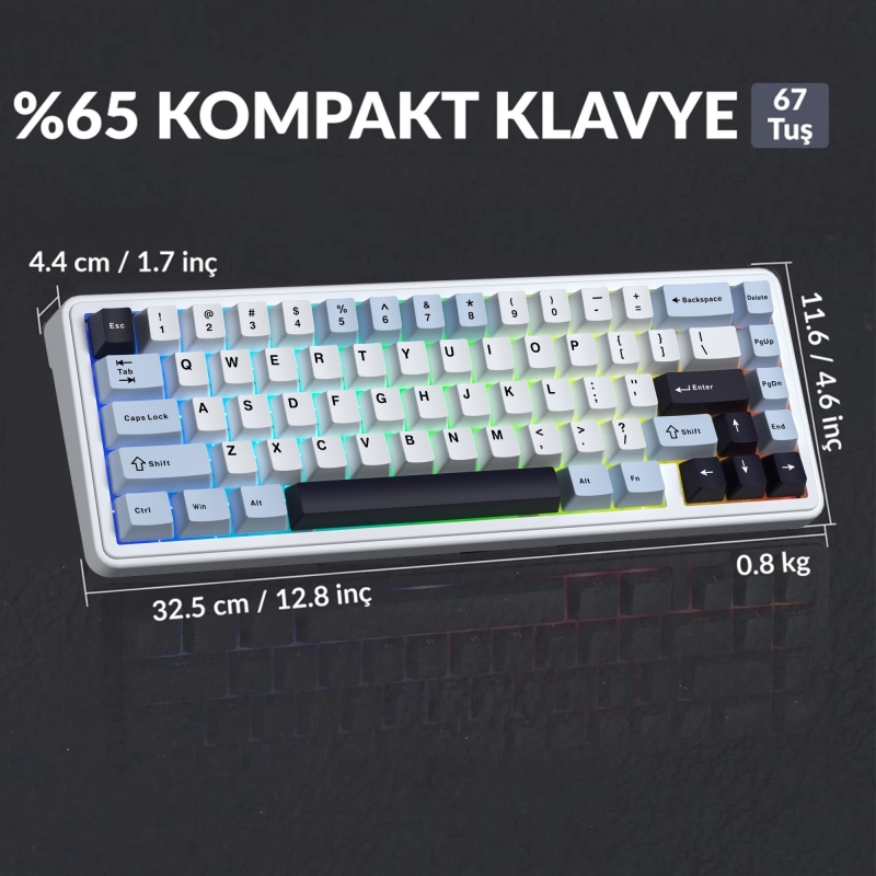 Aula F65 Reaper Switch Mekanik RGB TKL Makrolu Hot Swap Kablosuz Klavye Buz Mavisi - 6