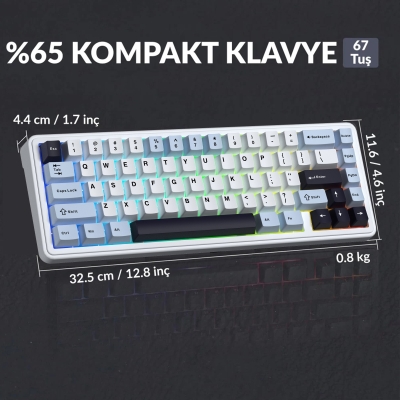 Aula F65 Reaper Switch Mekanik RGB TKL Makrolu Hot Swap Kablosuz Klavye Buz Mavisi - 6