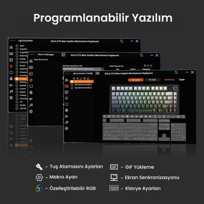 Aula F75 Max Mekanik RGB TKL Reaper Switch Kablosuz Makrolu Hot Swap Klavye Desenli Siyah - 7