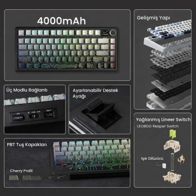 Aula F75 Max Mekanik RGB TKL Reaper Switch Kablosuz Makrolu Hot Swap Klavye Desenli Siyah - 2