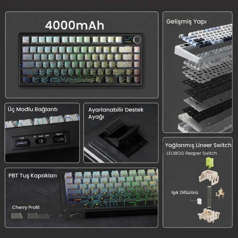 Aula F75 Max Mekanik RGB TKL Reaper Switch Kablosuz Makrolu Hot Swap Klavye Desenli Siyah - 2