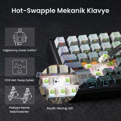 Aula F75 Max Mekanik RGB TKL Reaper Switch Kablosuz Makrolu Hot Swap Klavye Desenli Siyah - 3