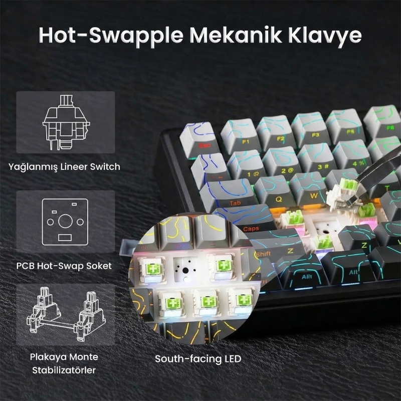 Aula F75 Max Mekanik RGB TKL Reaper Switch Kablosuz Makrolu Hot Swap Klavye Desenli Siyah - 3