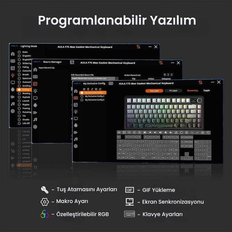 Aula F75 Max Mekanik RGB TKL Reaper Switch Kablosuz Makrolu Hot Swap Klavye Desenli Siyah - 7