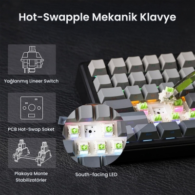 Aula F75 Max Mekanik RGB TKL Reaper Switch Kablosuz Makrolu Hot Swap Klavye Gri - 3