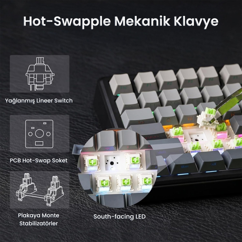 Aula F75 Max Mekanik RGB TKL Reaper Switch Kablosuz Makrolu Hot Swap Klavye Gri - 3