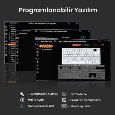 Aula F75 Max Mekanik RGB TKL Reaper Switch Kablosuz Makrolu Hot Swap Klavye Gri - 7