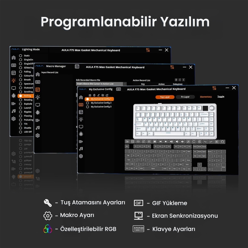 Aula F75 Max Mekanik RGB TKL Reaper Switch Kablosuz Makrolu Hot Swap Klavye Gri - 7