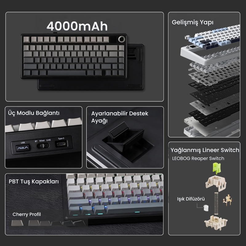 Aula F75 Max Mekanik RGB TKL Reaper Switch Kablosuz Makrolu Hot Swap Klavye Gri - 2
