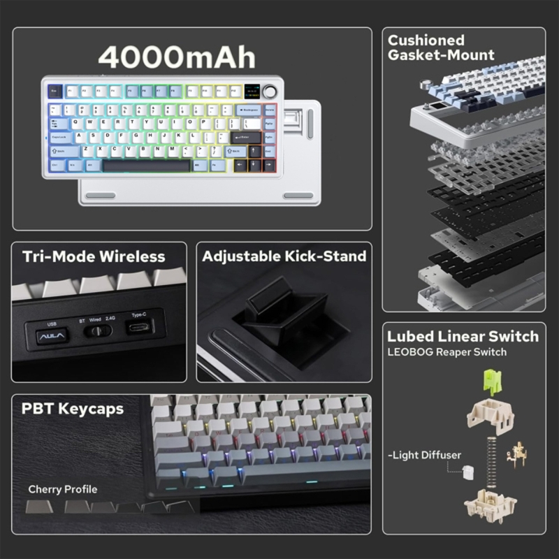 Aula F75 Max Mekanik RGB TKL Reaper Switch Kablosuz Makrolu Hot Swap Klavye Lacivert - 3