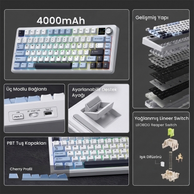 Aula F75 Max Mekanik RGB TKL Reaper Switch Kablosuz Makrolu Hot Swap Klavye Lacivert - 2
