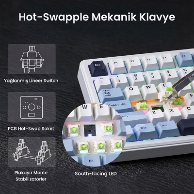 Aula F75 Max Mekanik RGB TKL Reaper Switch Kablosuz Makrolu Hot Swap Klavye Lacivert - 4