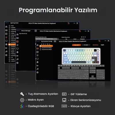 Aula F75 Max Mekanik RGB TKL Reaper Switch Kablosuz Makrolu Hot Swap Klavye Lacivert - 6