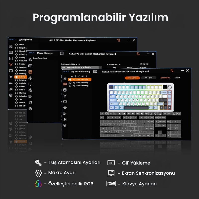 Aula F75 Max Mekanik RGB TKL Reaper Switch Kablosuz Makrolu Hot Swap Klavye Lacivert - 6
