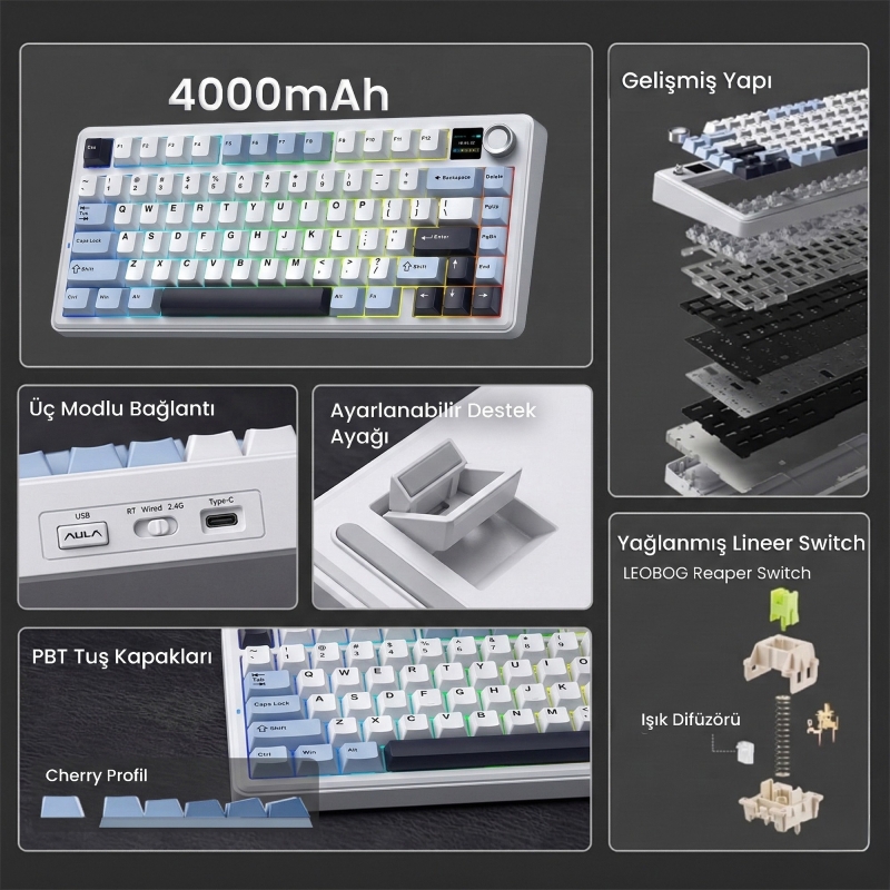 Aula F75 Max Mekanik RGB TKL Reaper Switch Kablosuz Makrolu Hot Swap Klavye Lacivert - 2