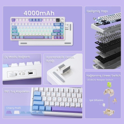 Aula F75 Max Mekanik RGB TKL Reaper Switch Kablosuz Makrolu Hot Swap Klavye Mor - 2