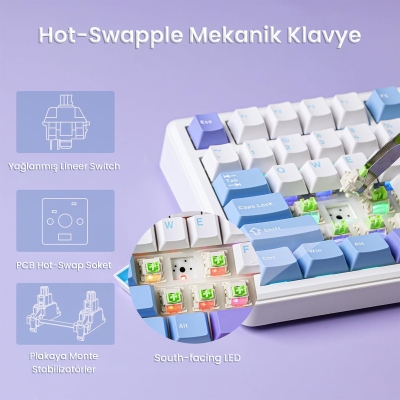 Aula F75 Max Mekanik RGB TKL Reaper Switch Kablosuz Makrolu Hot Swap Klavye Mor - 3