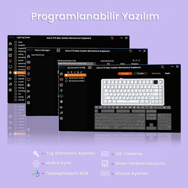 Aula F75 Max Mekanik RGB TKL Reaper Switch Kablosuz Makrolu Hot Swap Klavye Mor - 7