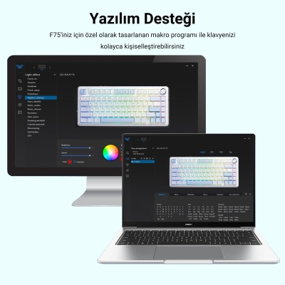 Aula F75 Mekanik RGB Klavye TKL Crescent Switch Tri Mode Kablosuz Makrolu Hot Swap Gaming Oyuncu Klavyesi Buz Mavisi - 4