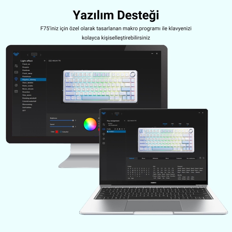 Aula F75 Mekanik RGB Klavye TKL Crescent Switch Tri Mode Kablosuz Makrolu Hot Swap Gaming Oyuncu Klavyesi Buz Mavisi - 4