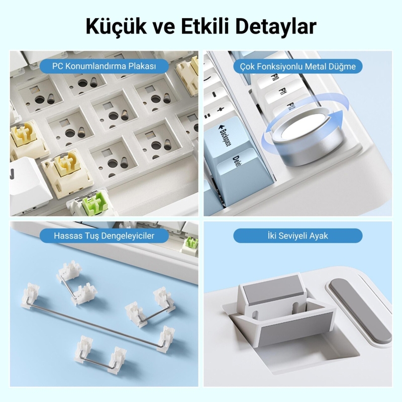 Aula F75 Mekanik RGB Klavye TKL Crescent Switch Tri Mode Kablosuz Makrolu Hot Swap Gaming Oyuncu Klavyesi Buz Mavisi - 5