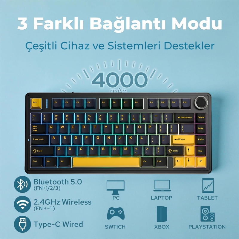 Aula F75 Mekanik RGB Klavye TKL Crescent Switch Tri Mode Kablosuz Makrolu Hot Swap Gaming Oyuncu Klavyesi Siyah - 3