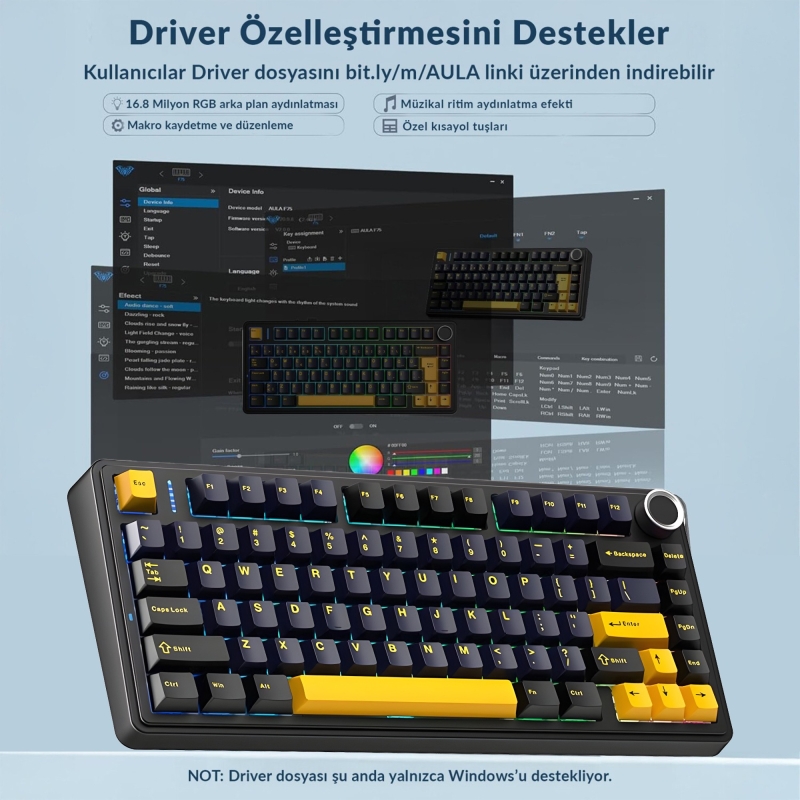 Aula F75 Mekanik RGB Klavye TKL Crescent Switch Tri Mode Kablosuz Makrolu Hot Swap Gaming Oyuncu Klavyesi Siyah - 7