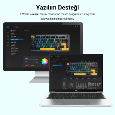 Aula F75 Mekanik RGB Klavye TKL Crescent Switch Tri Mode Kablosuz Makrolu Hot Swap Gaming Oyuncu Klavyesi Siyah - 8