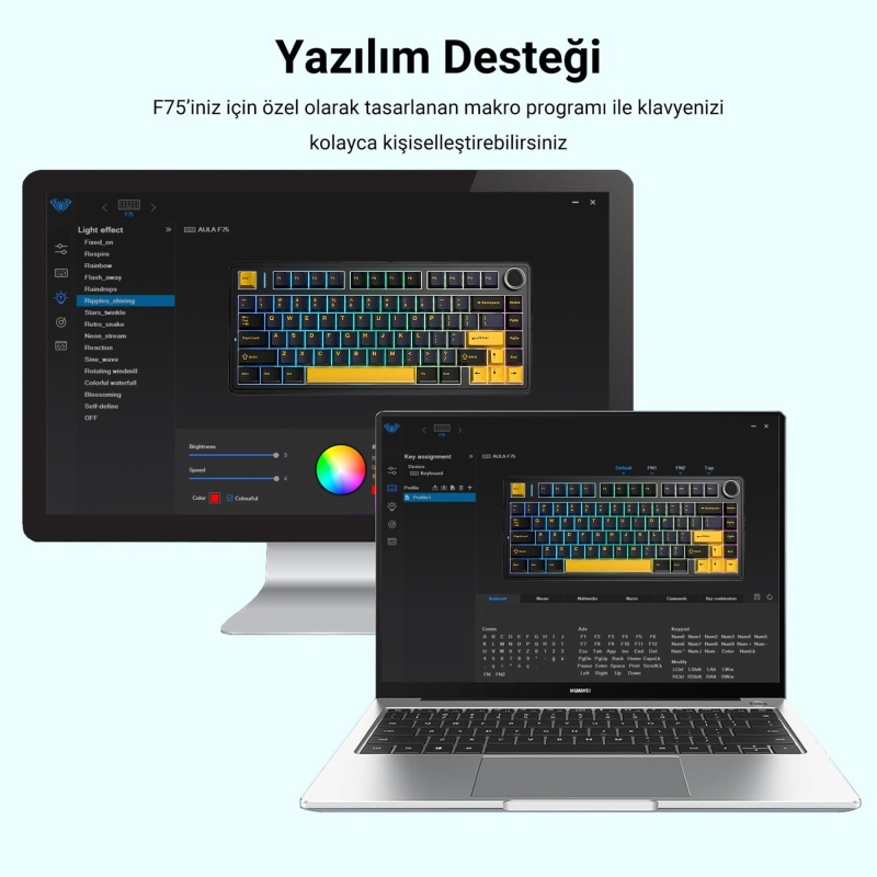Aula F75 Mekanik RGB Klavye TKL Crescent Switch Tri Mode Kablosuz Makrolu Hot Swap Gaming Oyuncu Klavyesi Siyah - 8
