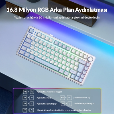 Aula F75 Mekanik RGB TKL GrayWood V4 Switch Kablosuz Makrolu Hot Swap Türkçe Q Klavye Buz Mavisi - 4