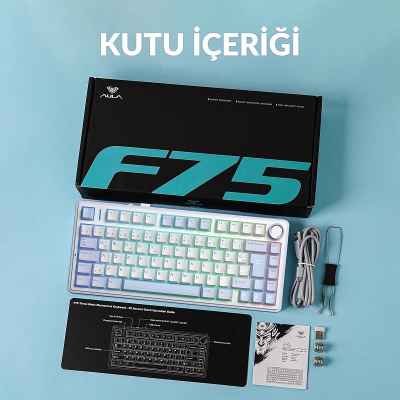 Aula F75 Mekanik RGB TKL GrayWood V4 Switch Kablosuz Makrolu Hot Swap Türkçe Q Klavye Buz Mavisi - 10
