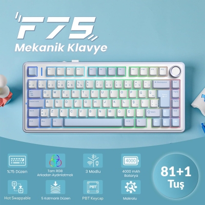 Aula F75 Mekanik RGB TKL GrayWood V4 Switch Kablosuz Makrolu Hot Swap Türkçe Q Klavye Buz Mavisi - 2