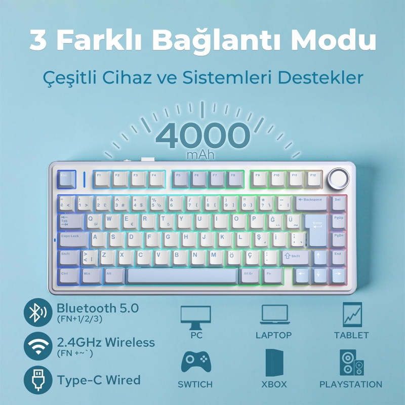 Aula F75 Mekanik RGB TKL GrayWood V4 Switch Kablosuz Makrolu Hot Swap Türkçe Q Klavye Buz Mavisi - 3