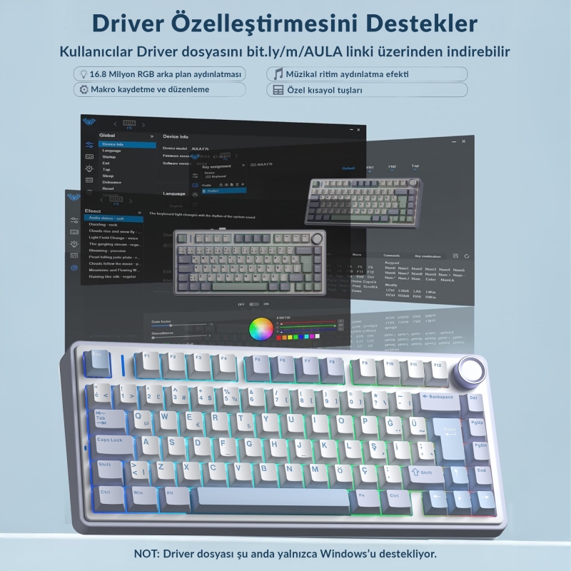 Aula F75 Mekanik RGB TKL GrayWood V4 Switch Kablosuz Makrolu Hot Swap Türkçe Q Klavye Buz Mavisi - 7