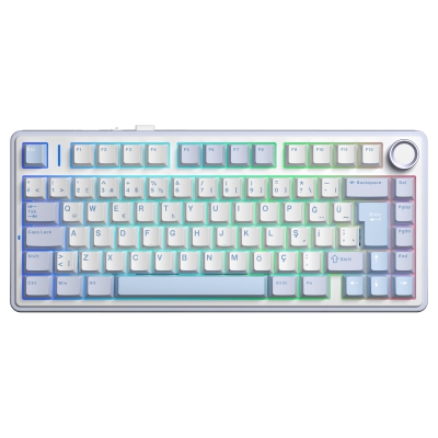 Aula F75 Mekanik RGB TKL GrayWood V4 Switch Kablosuz Makrolu Hot Swap Türkçe Q Klavye Buz Mavisi - Aula